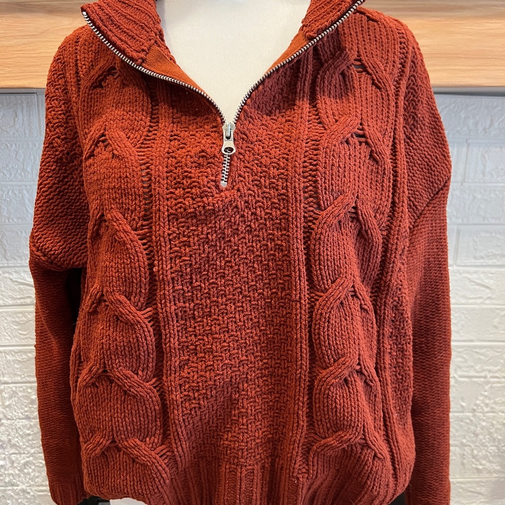 Cable Knit Half-Zip Sweater - Rust